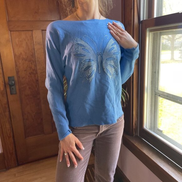 GM Fashion USA Tops - NWT Y2K Rhinestone Butterfly Top Blue Viscose Knit Long Sleeve Coquette Mallcore